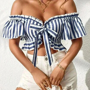 White & Blue Boho Womens Striped Off Shoulder Knot Front Frill Trim Crop Blouse
